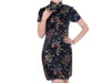 Black short-sleeved knee length mandarin brocade dress with dragon phoenix design
