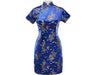 Blue short-sleeved knee length mandarin brocade dress with white blossom design