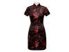 Black short-sleeved knee length mandarin brocade dress with red blossom design