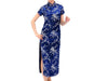Front view of blue short-sleeved Brocade Mandarin Dress-Ankle Length with white blossoms