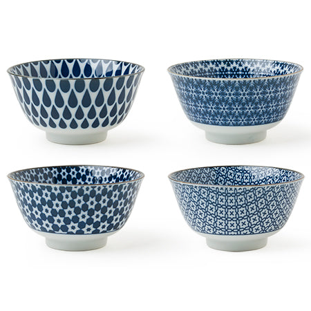 Blue and white is the new neutral. These 5" bowls are perfect for cereal, rice, soup, salad and snacks. Assorted patterns to bring beautiful variety to your life. This Japanese bowl set includes four bowls packaged in a black gift box.  5" diameter x 2.75"h. Ceramic. Microwave, dishwasher safe. Made in Japan.