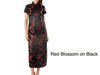 Front view of Black short-sleeved Brocade Mandarin Dress-Ankle Length with red blossoms