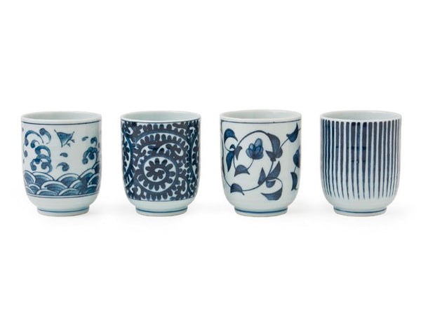 4 assorted patterns cup set.   Cup size: 2.5 in x 3 in.H Capacity: 5 oz. Microwave & Dishwasher Safe. Made in Japan.