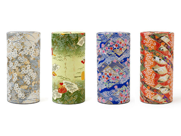 Four beautiful kimono printed tea canisters(silver, green, blue, and red)