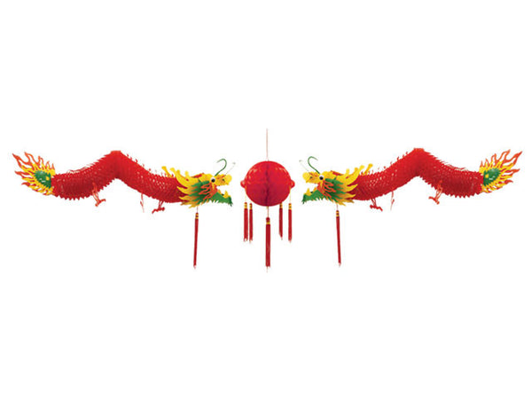 Red globe garland with a stretchable accordion dragon on either side of it.