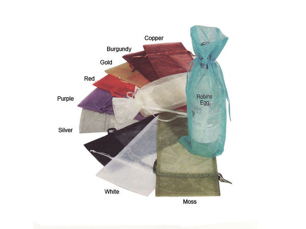 10 Organza wine bag. Each bag laid out and coming in a different color: copper, burgundy, gold, red, purple, silver, black, white, moss