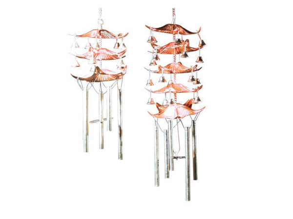 Two copper pagoda wind chimes. The one on the left has three tier, the right has five