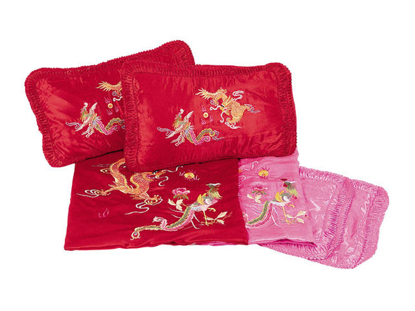 Red and pink Silk Rayon Dragon-Phoenix Duvet Cover / Pillow Cases