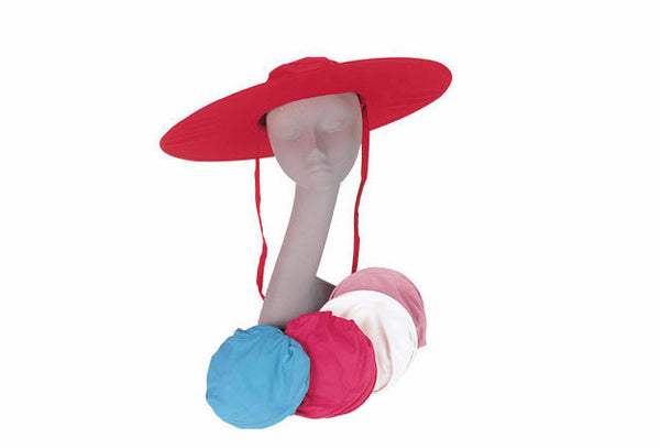 foldable cotton sun hat-Pink, Paste Coral and Peach colored sun hats folded and placed next to mannequin's head
