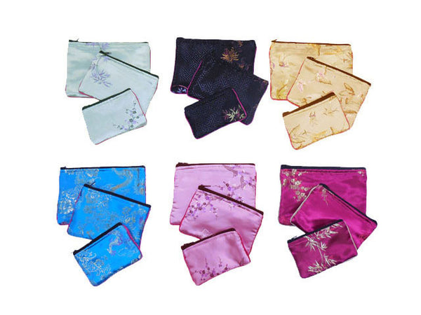 6 sets of 3 different-sized brocade bags each in light blue, black, champagne, royal blue, pink, and magenta