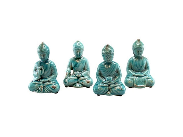 Teal Blue Ceramic Resting Buddha Set of 4