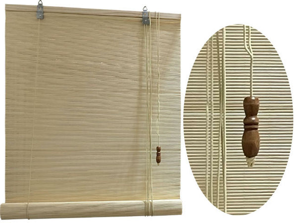 bamboo blinds, Lt. tone. Wooden pull handle shown next to the blinds