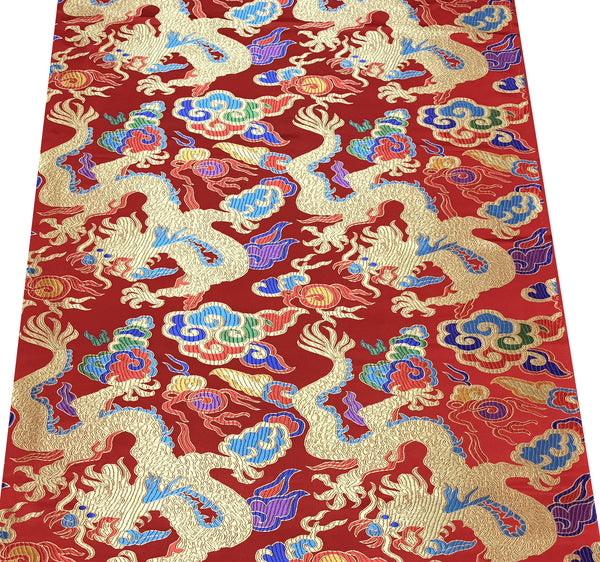 Golden Dragon on Colorful Cloud Brocade Fabric - Red