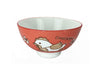A bright red bowl decorated with a cheerful zodiac chicken