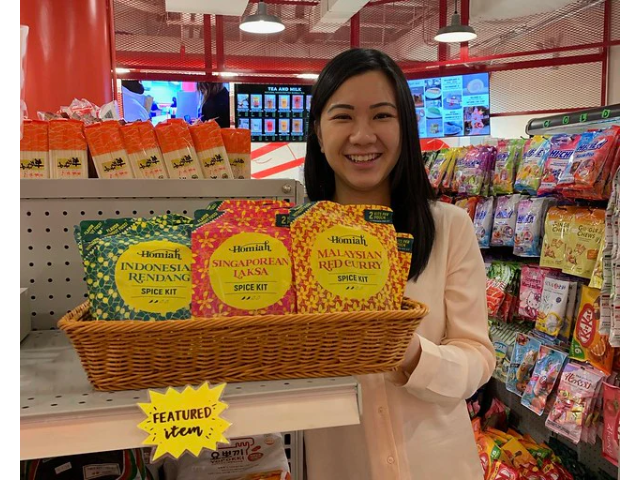 Homiah founder Michelle Tew behind display of her products at Pearl River Mart Foods 