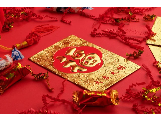 Gold fu envelope surrounded by red streamers and various candy