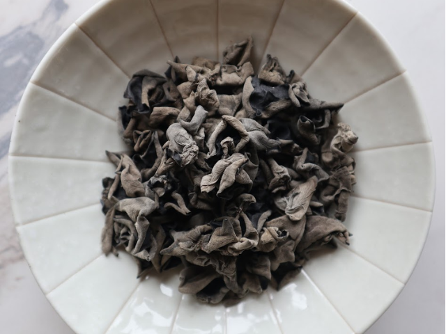 Dish of dried wood ear mushrooms