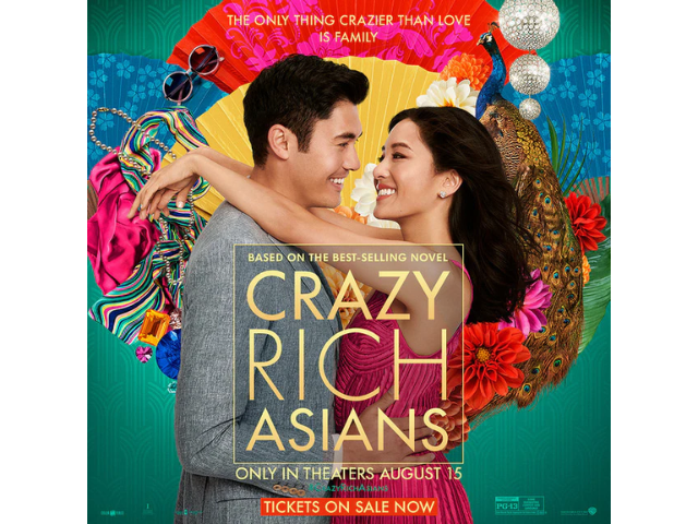 Crazy Rich Asians movie poster with Asian couple in front of colorful background