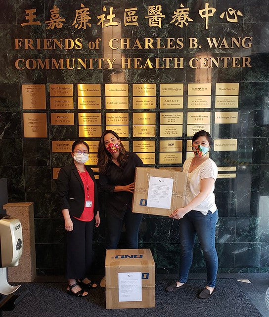 Joanne et al dropping off PPE at Charles B Wang Community Health Center