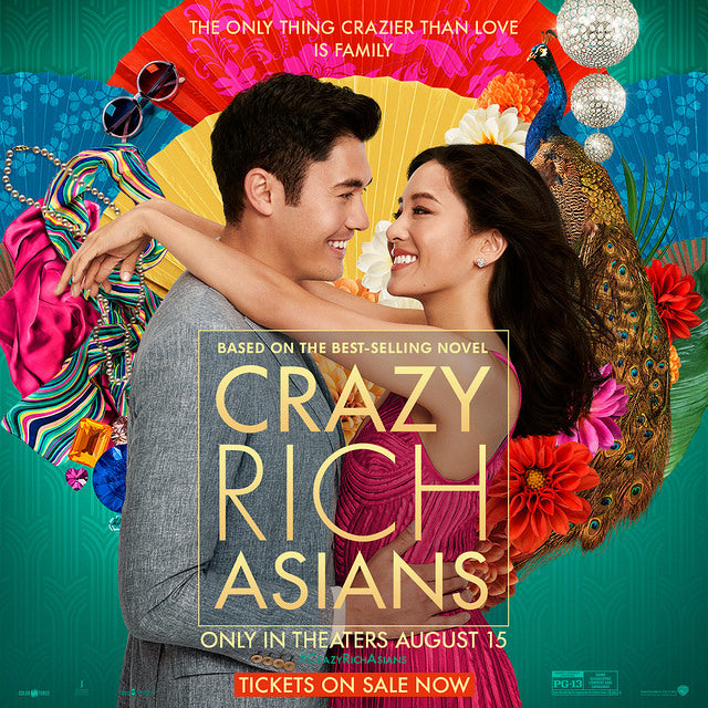 Crazy Rich Asians movie poster with Asian couple in front of colorful background