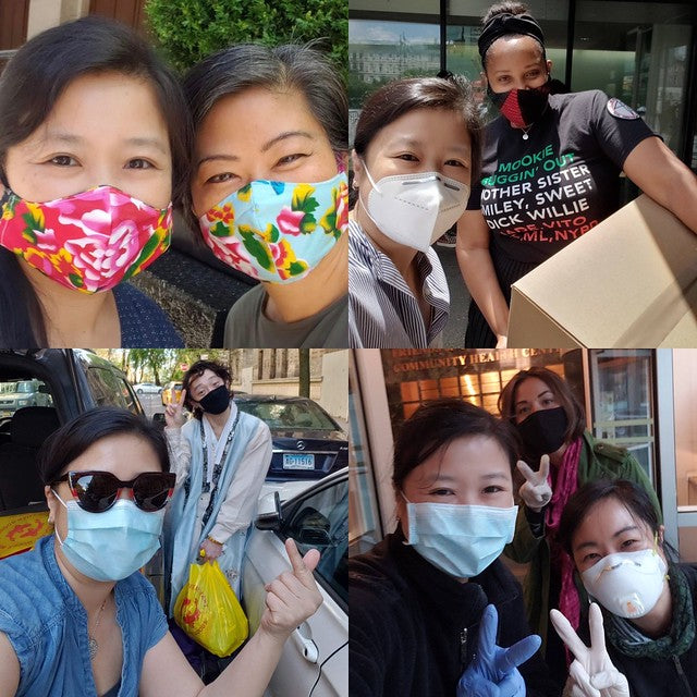 Collage of Pearl River President Joanne Kwong with handmade mask, doing mask and snack dropoffs