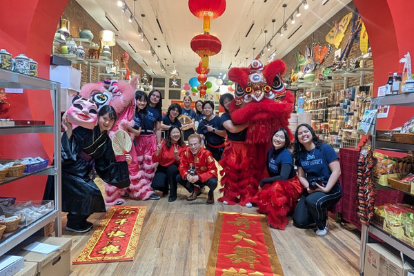 Lion dancers with man and woman in brightly decorated store