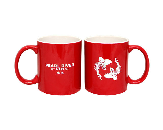 Red Pearl River Mart mug from both sides with logo and double fish