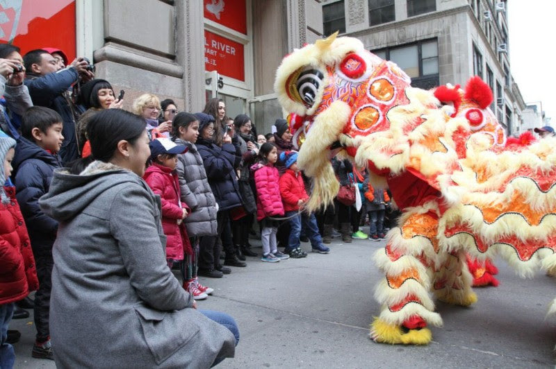 Crowd outside Pearl River Mart in Tribeca enjoying a lion dance