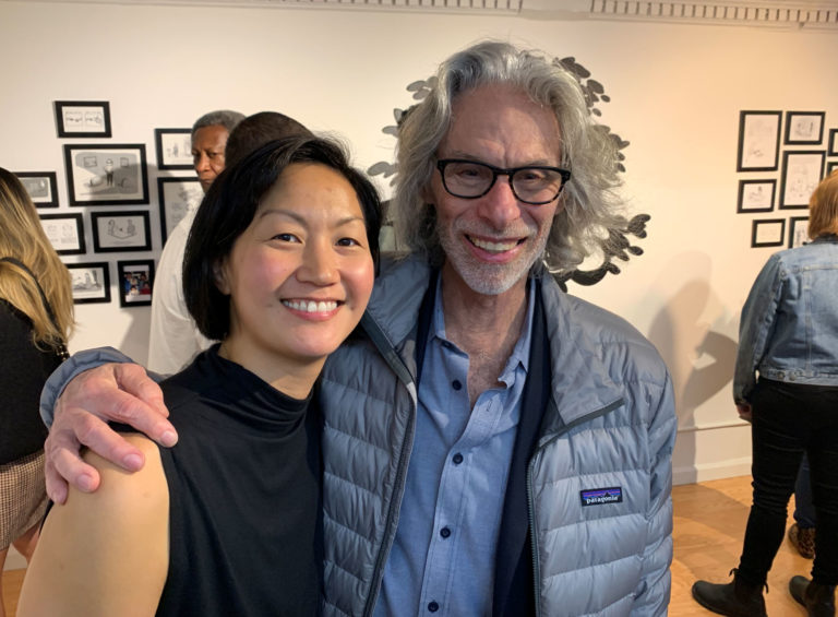 Pearl River Mart art exhibition curator and cartoonist Amy Huang with Bob Mankoff, former cartoon editor at The New Yorker