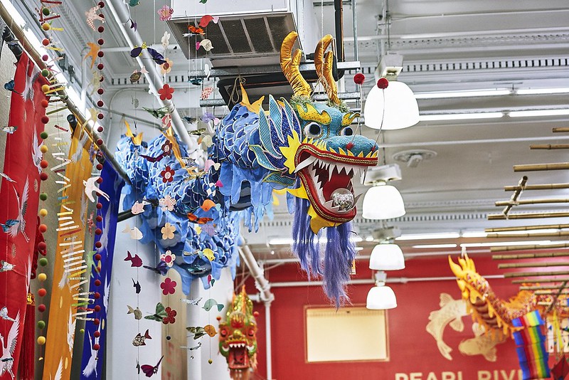 Beautiful blue dragon decoration hanging from ceiling