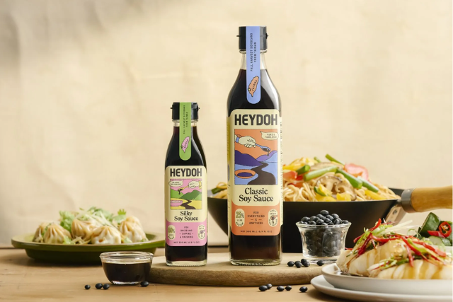 Two bottles of Heydoh soy sauce surrounded by dishes