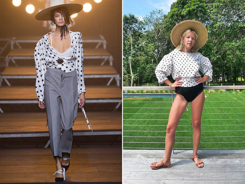 Model on runway and writer with recreated look from her own wardrobe