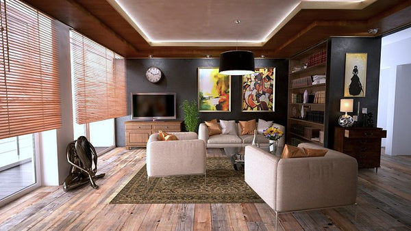 Living room with matchstick blinds