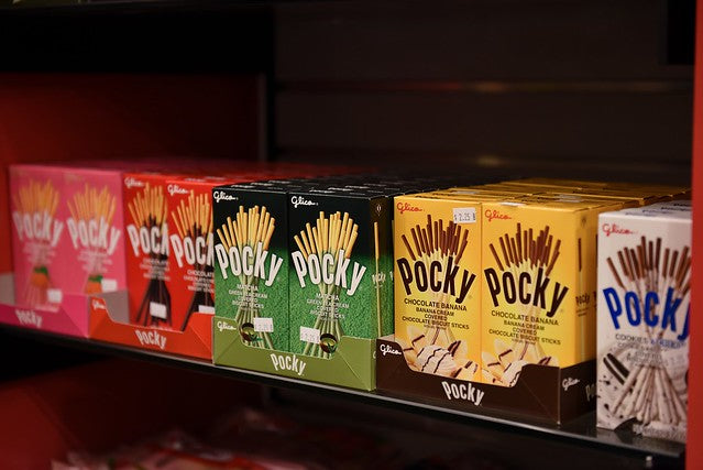 Row of various Pocky boxes