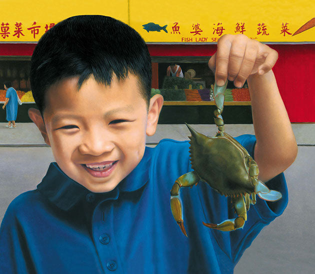 Painting of boy in blue shirt holding a crab