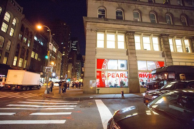 The Pearl River Mart Tribeca store from the outside at night