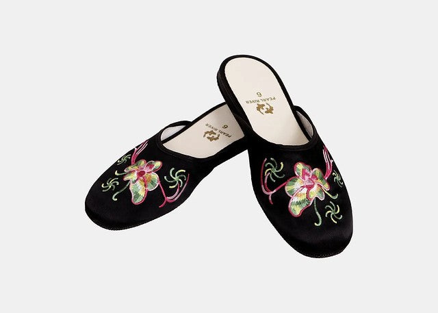 Black satin slippers with pink orchid design