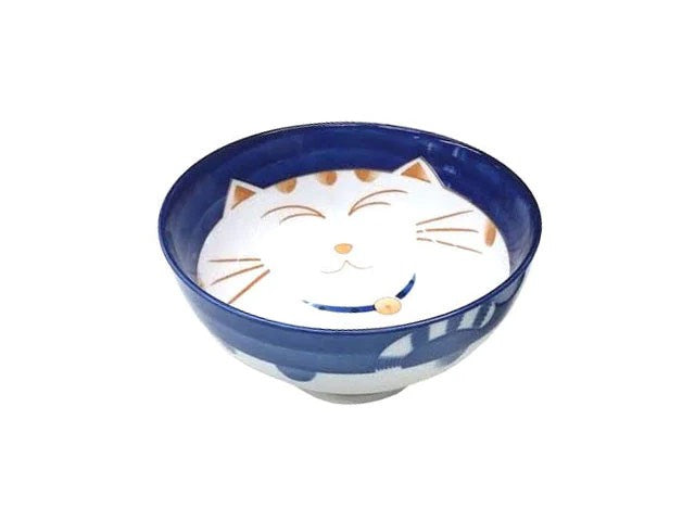 Smiley lucky cat bowl, blue and white