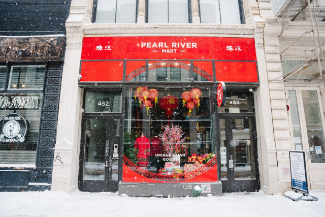 Snowy exterior of Pearl River Mart in Soho