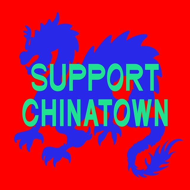 Support Chinatown over blue dragon on red background