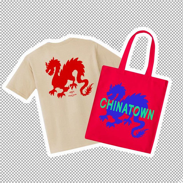 White T-shirt with red dragon design and red totebag with blue dragon design with Chinatown text