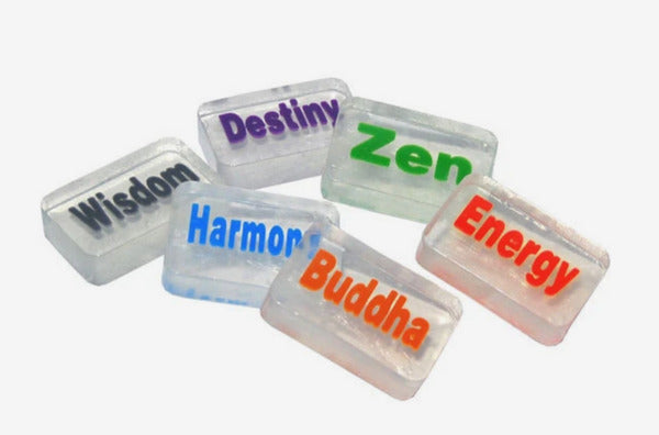 Soaps with words like Wisdom, Zen, Harmony, and Energy