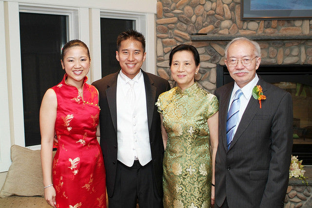 Pearl River Mart President Joanne Kwong with husband and in-laws, Mr. and Mrs. Chen, on her wedding day
