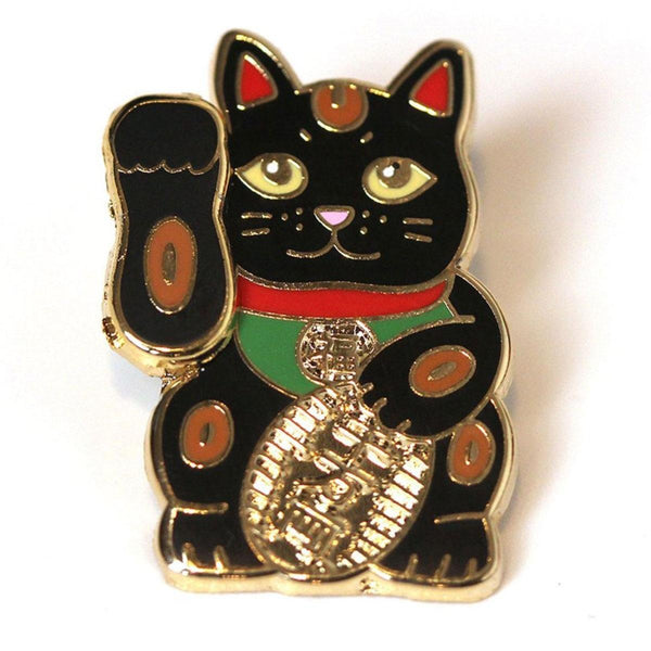 Waving Lucky Cat Pin - Black