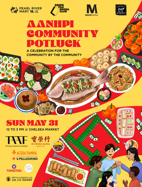 Promotional poster for a community potluck event with food illustrations and event details.