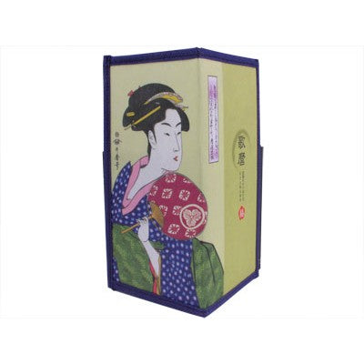 A rectangular decorative box featuring a Japanese ukiyo-e style illustration of a woman in a kimono holding a fan, with a pale yellow-green front panel, dark blue border, and multicolored artwork.