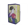 A rectangular decorative box featuring a Japanese ukiyo-e style illustration of a woman in a kimono holding a fan, with a pale yellow-green front panel, dark blue border, and multicolored artwork.