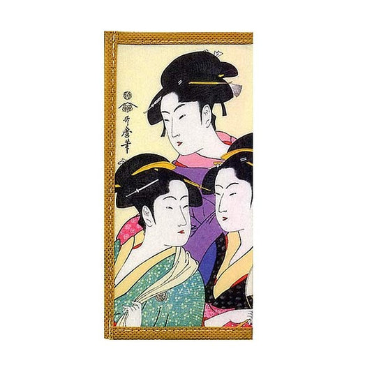 A vertical Japanese-style art print or card featuring three women in traditional geisha attire with black hair ornaments, shown against a plain white background.