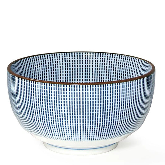 A ceramic bowl featuring a blue and white grid pattern with a dark brown rim, shown against a plain white background.