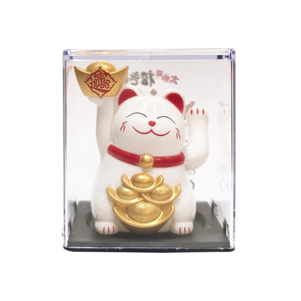 Solar Power Lucky Cat Holding Large Ingot - White